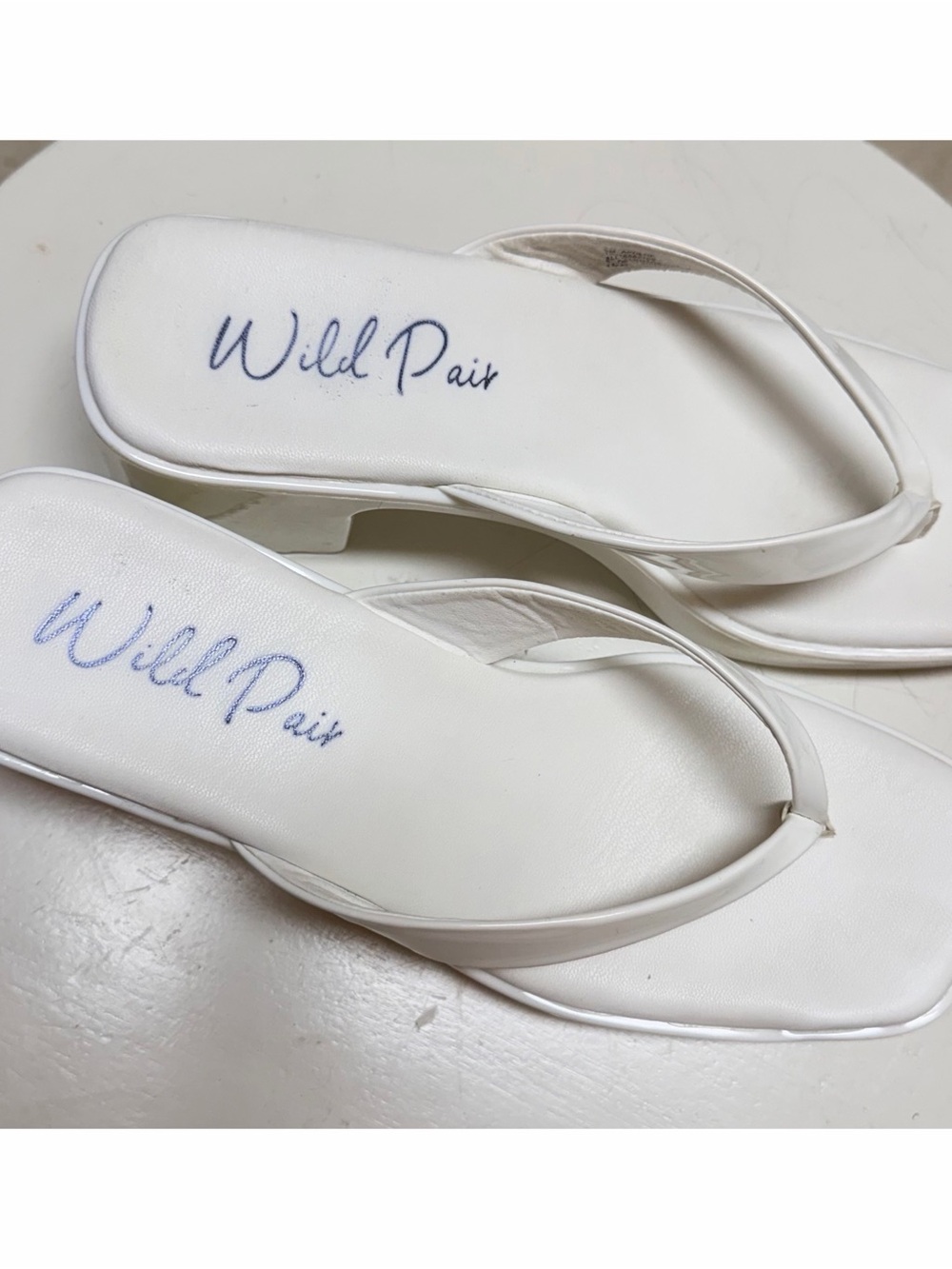 Wild Pair White Square-Toe Flip- block heel Sandals with Slim Thong Straps